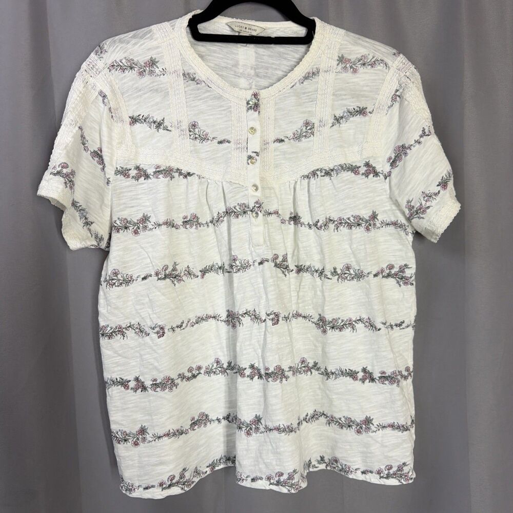 Lucky Brand Women’s White Floral Blouse Size XL Summer Boho Lace Simple